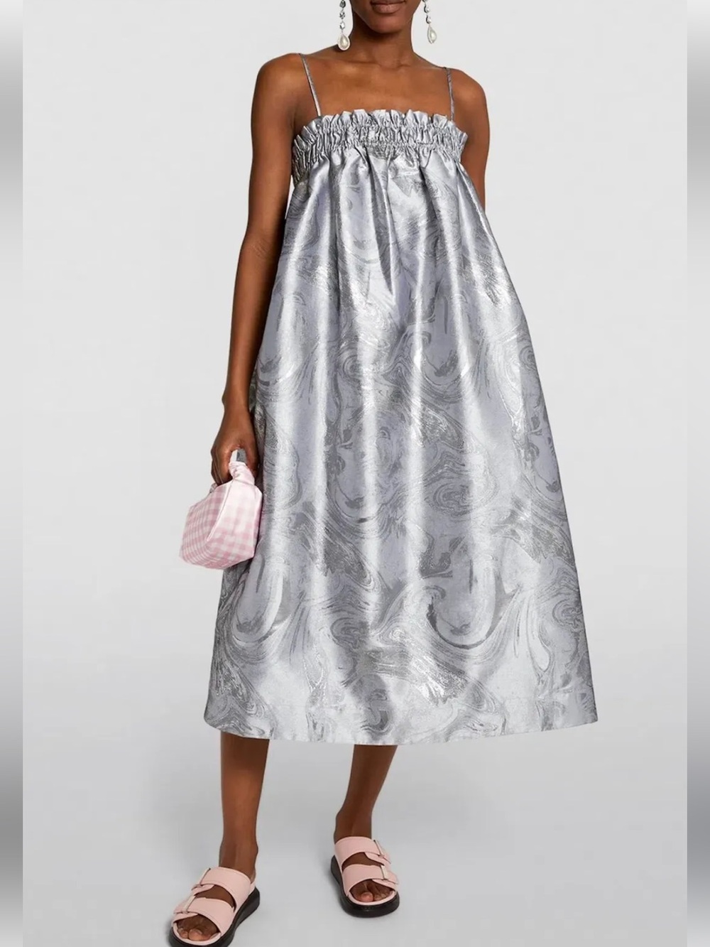 Ganni Shiny Jacquard Strap Dress Sliver Metallic size EU 44/US 12 (large)